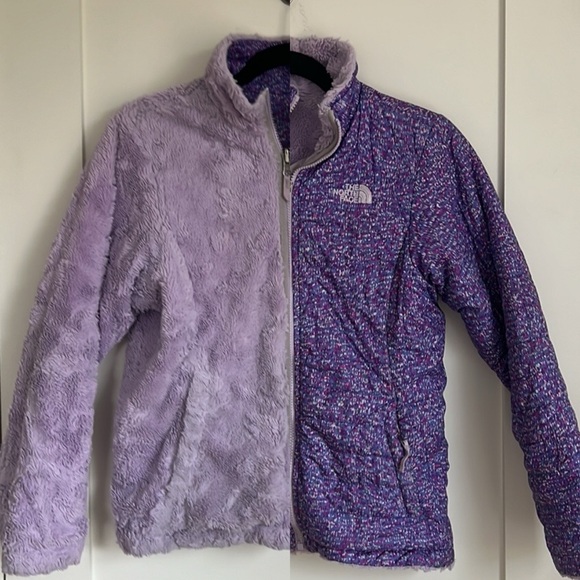 🛍️Girls The North Face Purple Print Reversible Fleece Puffer Jacket L 14/16 - Picture 4 of 10